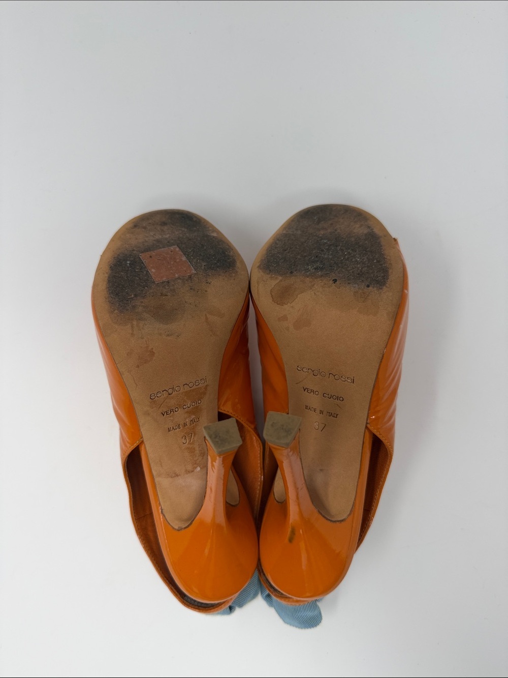 Sergio Rossi Orange Patent Peep-Toe Ruffle Ankle Boots - Picture 5 of 7